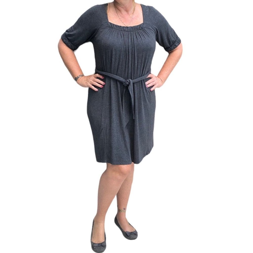 Daisy Fuentes Shirt Dress Womens Large Charcoal Gray Tie Waist Pleated Knee